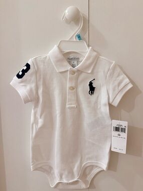Ralph Lauren White Baby Polo Bodysuit with Navy Pony & Sleeve Patch